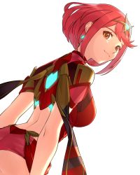 Rule 34 | 1girl, asagi (banzoku210), backless outfit, bob cut, breasts, cowboy shot, dutch angle, earrings, from below, from side, gem, headpiece, highres, jewelry, large breasts, looking at viewer, pyra (xenoblade), red eyes, red hair, red shorts, short hair, short shorts, shorts, smile, solo, swept bangs, tassel, tiara, xenoblade chronicles (series), xenoblade chronicles 2