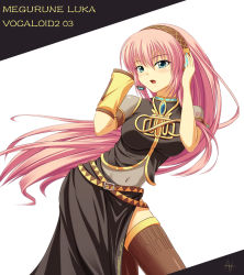 Rule 34 | athrun1120, bad id, bad pixiv id, blue eyes, detached sleeves, headset, long hair, megurine luka, midriff, navel, pink hair, side slit, solo, thighhighs, very long hair, vocaloid