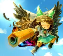 Rule 34 | &gt; &lt;, 1girl, :d, arm cannon, ayuki (47881314), bird wings, black socks, black wings, blue sky, bow, brown hair, cape, clenched hand, closed eyes, cloud, collared shirt, commentary request, control rod, cookie (touhou), feathered wings, feathers, flying, frilled skirt, frills, full body, green bow, green skirt, hair bow, kneehighs, long hair, nadeko (cookie), open mouth, print cape, puffy short sleeves, puffy sleeves, reiuji utsuho, shirt, short sleeves, skirt, sky, smile, socks, solo, starry sky print, third eye, touhou, very long hair, weapon, white cape, white shirt, wings, xd