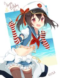 Rule 34 | 1girl, arched back, black hair, blue sailor collar, blue skirt, bow, brown thighhighs, clothes around waist, elbow gloves, frilled skirt, frills, gloves, hat, hat bow, hitsukuya, looking at viewer, love live!, m/, midriff, navel, neckerchief, open mouth, red bow, red eyes, red gloves, red neckerchief, sailor, sailor collar, sailor hat, school uniform, serafuku, short hair, skirt, smile, solo, standing, striped clothes, striped gloves, thighhighs, twintails, w arms, yazawa nico