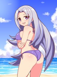 Rule 34 | 1girl, ass, azure striker gunvolt, bare shoulders, bikini, blush, breast rest, breasts, cougar (cougar1404), elise (gunvolt), embarrassed, from behind, large breasts, long hair, looking at viewer, open mouth, purple eyes, shiny clothes, shiny skin, sideboob, silver hair, smile, solo, swimsuit, very long hair, wedgie