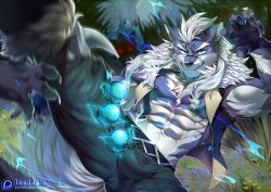 Rule 34 | 1boy, abs, absurdres, animal ears, bara, bare pectorals, blue fur, booboo (19816236), bulge, fang, feet out of frame, fighting stance, forked eyebrows, furry, furry male, gyee, highres, huge filesize, jacket, kicking, lightning, long hair, looking at viewer, male focus, mohawk, muscular, muscular male, navel, nipples, open clothes, open jacket, paid reward available, pants, pectorals, paid reward available, scar, scar on face, scar on nose, sleeveless, smirk, solo focus, stomach, tail, thick eyebrows, tight clothes, tight pants, white hair, wolf boy, wolf ears, wolf tail, yang (gyee)