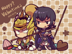 Rule 34 | 1boy, 1girl, black cape, black eyes, black hair, blonde hair, candy, cape, chibi, chibi only, chocolate, chocolate heart, dated, fingerless gloves, food, full body, gloves, happy valentine, heart, helmet, kotorai, licking lips, looking at another, ma chao, no nose, pocky, shin sangoku musou, short hair, sidelocks, sitting, standing, tongue, tongue out, wang yi