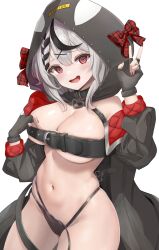 Rule 34 | 1girl, @ @, animal hood, bikini, bikini bottom only, black coat, black gloves, black hair, bow, braid, breast strap, breasts, chest belt, cleavage, coat, collar, commentary request, fingerless gloves, gloves, grey hair, hair ornament, heart collar, highres, hololive, holox, hood, hood up, large breasts, long sleeves, looking at viewer, medium hair, midriff, multicolored hair, navel, nekonosuke, off shoulder, open mouth, orca hood, panties, plaid, plaid bow, red bow, red eyes, red nails, sakamata chloe, sakamata chloe (1st costume), side-tie bikini bottom, simple background, skindentation, solo, standing, stomach, streaked hair, swimsuit, underwear, unmoving pattern, v, virtual youtuber, white background, x hair ornament