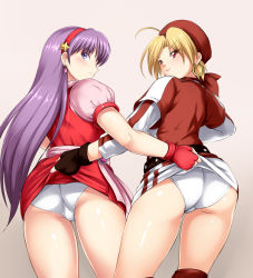Rule 34 | 2girls, ahoge, asamiya athena, ass, assisted exposure, bandana, blonde hair, blush, clothes lift, earrings, fingerless gloves, from behind, gloves, hairband, highres, hoop earrings, jewelry, long hair, looking at viewer, looking back, malin (kof), multiple girls, panties, parted lips, purple eyes, purple hair, red eyes, shiny skin, short hair, skirt, skirt hold, skirt lift, smile, snk, sweatdrop, take your pick, the king of fighters, the king of fighters &#039;96, underwear, very long hair, yomitrooper