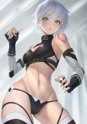 Rule 34 | 1girl, aged up, arm belt, bandaged arm, bandages, bare shoulders, black panties, blush, breasts, cameltoe, facial scar, fate/apocrypha, fate/grand order, fate (series), fingerless gloves, gloves, green eyes, highres, imizu (nitro unknown), jack the ripper (fate/apocrypha), looking at viewer, lowleg, lowleg panties, medium breasts, navel, open mouth, panties, scar, scar across eye, scar on cheek, scar on face, short hair, shoulder tattoo, solo, tattoo, thighhighs, underwear, white hair