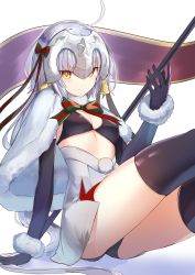 Rule 34 | 1girl, a.t. zero, ahoge, bell, black gloves, black thighhighs, breasts, capelet, eyebrows, fate/grand order, fate (series), gloves, highres, jeanne d&#039;arc (fate), jeanne d&#039;arc alter (fate), jeanne d&#039;arc alter santa lily (fate), long hair, looking at viewer, medium breasts, silver hair, simple background, sitting, solo, thighhighs, weapon, white background, yellow eyes