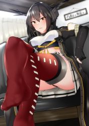 Rule 34 | 1girl, black gloves, black hair, black panties, crossed legs, elbow gloves, gloves, headgear, highres, indoors, kantai collection, long hair, nagato (kancolle), nagato kai ni (kancolle), panties, partially fingerless gloves, red eyes, red thighhighs, sitting, solo, thighhighs, underwear, z (knkr1025)
