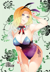 Rule 34 | 1girl, :p, animal ears, armpits, asakura ryousuke, bare shoulders, blonde hair, blue eyes, blush, breasts, cleavage, detached collar, fake animal ears, feet out of frame, female focus, floral background, groin, hand on own thigh, highres, large breasts, legs, leotard, light blush, long hair, looking at viewer, original, rabbit ears, shikizaki shimai wa abakaretai, simple background, smile, solo, standing, thigh gap, thighs, tongue, tongue out, wrist cuffs