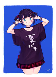 Rule 34 | 1girl, :d, black choker, black hair, blue background, blue eyes, bracelet, choker, clothes writing, double v, gogatsu no renkyuu, highres, jewelry, looking at viewer, open mouth, original, plaid, plaid skirt, pleated skirt, shirt, short hair, short sleeves, simple background, skirt, smile, solo, spiked bracelet, spikes, t-shirt, twintails, two-tone background, v