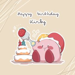Rule 34 | 1boy, :t, blush stickers, cake, candle, copy ability, english text, fire, food, fork, fruit, happy birthday, hat, holding, holding fork, jester cap, kirby, kirby (series), nintendo, no humans, plate, sitting, solo, sparkle, star (symbol), strawberry, trlr