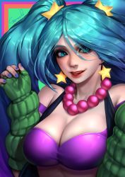 Rule 34 | 1girl, :d, arcade sona, bare shoulders, bead necklace, beads, bikini, blue eyes, blue hair, blue nails, breasts, cleavage, earrings, eyelashes, eyeliner, fingernails, green jacket, hair ornament, hand up, highres, jacket, jewelry, large breasts, league of legends, long hair, looking at viewer, makeup, nail polish, necklace, open mouth, purple bikini, signature, sleeves past wrists, smile, solo, sona (league of legends), sparrowl, star (symbol), star earrings, star hair ornament, swimsuit, twintails, upper body