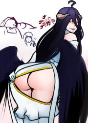 Rule 34 | 1girl, 2boys, ahoge, ainz ooal gown, albedo (overlord), ass, bare shoulders, bent over, black hair, black wings, blush, chibi, chibi inset, demon girl, from behind, gloves, hip vent, horns, long hair, looking back, multiple boys, narberal gamma, naughty face, no panties, overlord (maruyama), scathegrapes, shalltear bloodfallen, simple background, smile, solo focus, thumbs up, very long hair, white gloves, wings, yellow eyes