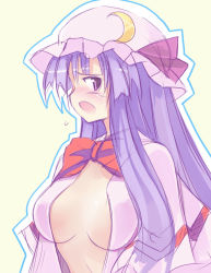 Rule 34 | 1girl, blush, bow, crescent, crescent moon, female focus, hat, long hair, moon, open clothes, open mouth, open shirt, patchouli knowledge, purple eyes, purple hair, seo tatsuya, shirt, solo, touhou