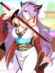 Rule 34 | 1girl, bare shoulders, blurry, blurry background, breasts, camilla (fire emblem), camilla (new year) (fire emblem), cleavage, closed mouth, fire emblem, fire emblem fates, fire emblem heroes, flower, hair flower, hair ornament, hair over one eye, highres, holding, holding sword, holding weapon, japanese clothes, kimono, large breasts, long hair, long sleeves, nintendo, official alternate costume, ondur, purple eyes, purple hair, smile, solo, sword, very long hair, weapon, wide sleeves