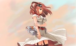 Rule 34 | 10s, 1girl, ascot, blue eyes, breast pocket, brown hair, clothes lift, cowboy shot, dress, dress lift, garter straps, hair between eyes, kantai collection, long hair, machinery, medara, pocket, ponytail, red ascot, red thighhighs, saratoga (kancolle), side ponytail, sidelocks, smile, solo, thighhighs, white dress, wind, wind lift