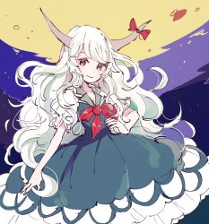 Rule 34 | 1girl, closed mouth, commentary, cowboy shot, dot nose, dress, ex-keine, floating hair, frilled dress, frills, full moon, green dress, hand up, horn ornament, horn ribbon, horns, kamishirasawa keine, light green hair, long hair, looking at viewer, moon, mozukuzu (manukedori), outstretched arm, puffy short sleeves, puffy sleeves, red eyes, red ribbon, ribbon, short sleeves, sketch, smile, solo, touhou, very long hair, wavy hair, white sleeves