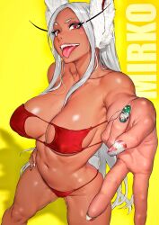 Rule 34 | 1girl, absurdres, animal ears, b 0 rukia, bikini, boku no hero academia, breasts, character name, cleavage, collarbone, dark-skinned female, dark skin, eyepatch bikini, fake nails, hand on own hip, highres, large breasts, long eyelashes, long hair, looking at viewer, mirko, multicolored nails, navel, parted bangs, rabbit ears, rabbit girl, rabbit tail, red bikini, red eyes, shadow, smile, solo, stomach, strapless, strapless bikini, swimsuit, tail, teeth, thighs, toned, tongue, tongue out, upper teeth only, v, very long hair, white hair, yellow background