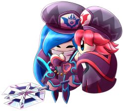 Rule 34 | 2girls, axe, beret, blue eyes, blue hair, closed eyes, crying, disembodied limb, flamberge (kirby), francisca (kirby), hat, highres, kirby: star allies, kirby (series), long hair, multiple girls, nintendo, red hair, robe, short hair, tears, transparent background, very long hair, weapon