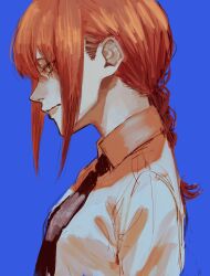 Rule 34 | 1girl, black necktie, blue background, bonjindaaa, braid, braided ponytail, chainsaw man, collared shirt, eyes visible through hair, highres, long hair, looking to the side, makima (chainsaw man), necktie, red hair, ringed eyes, shirt, sidelocks, simple background, solo, white shirt, yellow eyes