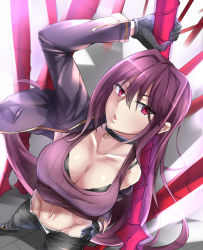 Rule 34 | 1girl, black bra, bra, breasts, casual, chestnut mouth, choker, cleavage, fate/grand order, fate (series), from above, gloves, groin, heart, heart necklace, highres, kd, long hair, looking at viewer, medium breasts, midriff, navel, necklace, parted lips, polearm, purple hair, red eyes, scathach (fate), solo, spear, underwear, weapon