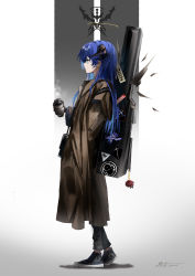 Rule 34 | 1girl, absurdres, alternate costume, arknights, black coat, black footwear, black pants, blue eyes, blue hair, casual, charm (object), coat, coffee cup, cup, demon horns, detached wings, disposable cup, earrings, energy wings, exusiai (arknights), from side, guitar case, halo, hand in pocket, highres, holding, holding cup, horns, instrument case, jewelry, long hair, mostima (arknights), pants, penguin logistics logo, profile, shoes, signature, sneakers, solo, steam, white background, wings