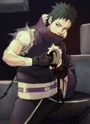 Rule 34 | 1boy, black hair, blood, blood on face, blood on hands, eyebrows, forehead, gloves, heterochromia, hole in chest, hole on body, injury, male focus, naruto (series), naruto shippuuden, rinnegan, sharingan, short hair, solo, spiked hair, uchiha obito