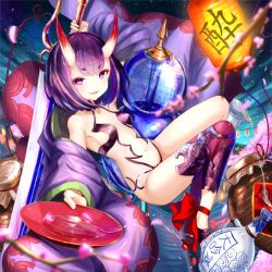 Rule 34 | 1girl, :d, alcohol, alphatitus, arm up, blunt bangs, bottle, breasts, cherry blossoms, cup, fate/grand order, fate (series), highres, holding, holding sword, holding weapon, horns, lantern, looking at viewer, navel, night, open mouth, outdoors, paper lantern, purple eyes, purple hair, purple legwear, sakazuki, sake, sake bottle, short hair, shuten douji (fate), side ponytail, single leg pantyhose, sky, small breasts, smile, solo, star (sky), starry sky, sword, weapon
