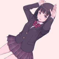 Rule 34 | 1girl, arms up, black hair, black jacket, blazer, bob cut, bow, bowtie, brown eyes, collared shirt, commentary request, jacket, kyak bamboo, open mouth, original, plaid, plaid skirt, pleated skirt, rabbit pose, red bow, red bowtie, school uniform, shirt, skirt, white shirt