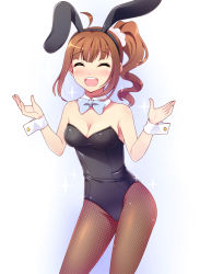 Rule 34 | 10s, 1girl, :d, ^ ^, ahoge, animal ears, blush, bow, bowtie, breasts, brown hair, rabbit ears, playboy bunny, cleavage, detached collar, closed eyes, fake animal ears, fishnet pantyhose, fishnets, idolmaster, idolmaster million live!, long hair, medium breasts, open mouth, pantyhose, scrunchie, side ponytail, smile, solo, totokichi, wrist cuffs, yokoyama nao