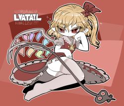 Rule 34 | 1girl, ass, blonde hair, elbow rest, flandre scarlet, laevatein, lying, on side, pointy ears, red eyes, side ponytail, solo, tail, touhou, wings, yt (wai-tei)