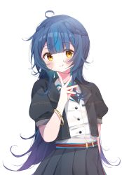 Rule 34 | 1girl, :q, ahoge, amairo marina, black jacket, black skirt, blue hair, blush, braid, brown eyes, closed mouth, commentary request, deyui, hand up, highres, jacket, long hair, multicolored hair, open clothes, open jacket, pleated skirt, puffy short sleeves, puffy sleeves, shirt, short sleeves, simple background, skirt, smile, solo, streaked hair, tongue, tongue out, very long hair, virtual youtuber, voice-ore, white background, white shirt