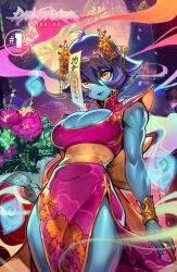 Rule 34 | 1girl, ahoge, blue skin, blush stickers, bracelet, breasts, capcom, china dress, chinese clothes, cleavage, cleavage cutout, clothing cutout, colored skin, covered navel, dress, earrings, female focus, hair between eyes, highres, jewelry, jiangshi, large breasts, lei lei, lipstick, looking at viewer, makeup, muscular, muscular female, ofuda, ofuda on head, purple hair, reiq, revealing clothes, ring, short hair, solo, talisman, undead, vampire (game), yellow eyes