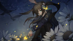 Rule 34 | 1girl, amiya (arknights), animal ears, anklet, arknights, bird, black footwear, black jacket, black pantyhose, blue skirt, bug, butterfly, butterfly on hand, feet out of frame, flower, from side, glowing butterfly, glowing flower, green eyes, headphones, highres, holding, holding flower, hood, hood down, hooded jacket, insect, jacket, jewelry, knees up, long hair, long sleeves, looking at viewer, looking to the side, miniskirt, mountainous horizon, night, outdoors, pantyhose, parted lips, petals, ponytail, rabbit ears, sidelocks, sitting, skirt, sky, solo, star (sky), starry sky, very long hair, white flower, xiaoxiao nanjue buyaokeng, yellow flower