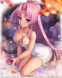 Rule 34 | 1girl, alcohol, ass, autumn leaves, bare shoulders, blue eyes, breasts, cleavage, collarbone, cup, dark skin, dark-skinned female, facial mark, forehead mark, hair intakes, hikage eiji, koihime musou, large breasts, leaf, leaning forward, long hair, mole, mole under mouth, naked towel, official art, onsen, pink hair, ponytail, rock, sakazuki, sake, sitting, smile, solo, sonsaku, sparkle, thighs, towel, very long hair, water, white towel