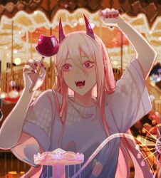 Rule 34 | 1girl, arms up, blurry, blurry background, candy apple, carousel, chainsaw man, cross-shaped pupils, fangs, ferris wheel, food, hair between eyes, highres, horns, long hair, looking at object, looking to the side, open mouth, pink hair, pinlin, power (chainsaw man), red eyes, red horns, red nails, roller coaster, sharp teeth, shirt, smile, solo, symbol-shaped pupils, teeth, white shirt
