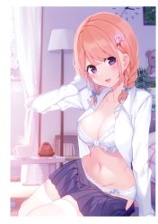 Rule 34 | 1girl, absurdres, arm support, bare shoulders, bed, bed sheet, bedroom, blue bow, blush, bow, bow bra, bow panties, bra, braid, breasts, cake, cherry blossoms, chikuwa., cleavage, collarbone, collared shirt, cup, cupcake, curtains, dress shirt, flower, food, front-hook bra, groin, hair bow, hair flower, hair ornament, hand to head, highres, indoors, large breasts, long sleeves, looking at viewer, low twin braids, melonbooks, mont blanc (food), navel, off shoulder, open clothes, open mouth, open shirt, orange hair, original, panties, pillow, pleated skirt, purple eyes, scan, shirt, sidelocks, sitting, skindentation, skirt, smile, solo, stomach, thighhighs, twin braids, underwear, white bow, white bra, white panties, white shirt, white thighhighs, wing collar