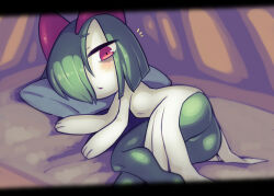 Rule 34 | ass, colored skin, creatures (company), game freak, gen 3 pokemon, green hair, hair over one eye, highres, horns, ino (tellu0120), kirlia, looking at viewer, lying, multicolored skin, nintendo, on side, parted lips, pillow, pink eyes, pokemon, pokemon (creature), sidelocks, two-tone skin, white skin