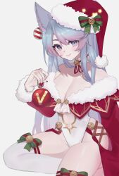 Rule 34 | 1girl, alternate costume, animal ear fluff, animal ears, bell, blue hair, breasts, choker, christmas, christmas ornaments, cleavage, clothing cutout, fur trim, gradient hair, hat, highleg, highleg leotard, highres, indie virtual youtuber, large breasts, leotard, long hair, looking at viewer, multicolored hair, navel cutout, neck bell, off-shoulder leotard, pink hair, purple eyes, red nails, ribbon choker, santa hat, silvervale, silvervale (christmas 2022), simple background, sitting, sky above me, smile, solo, thighhighs, very long hair, virtual youtuber, white thighhighs, wolf ears, wolf girl