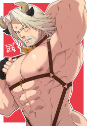 Rule 34 | 1boy, abs, alternate costume, animal ears, armpits, ass, bara, bare pectorals, beard, bell, blush, chest harness, chinese zodiac, cid nan garlond, cow boy, cow ears, cow horns, facial hair, final fantasy, final fantasy xiv, fingerless gloves, gloves, groin, happy new year, harness, highres, horns, large pectorals, leather, male focus, mature male, medium hair, muscular, muscular male, mustache, navel, neck bell, new year, nipples, pectorals, silver hair, skindentation, solo, stomach, sugo6969, suspenders, upper body, year of the ox