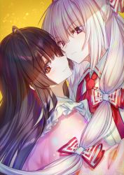 Rule 34 | 2girls, absurdres, bow, closed mouth, collared shirt, face-to-face, frown, fujiwara no mokou, hair bow, here (hr rz ggg), highres, hime cut, houraisan kaguya, japanese clothes, long hair, long sleeves, looking at viewer, multiple girls, pink shirt, red eyes, shirt, sidelocks, simple background, smile, suspenders, touhou, very long hair, white hair, white shirt