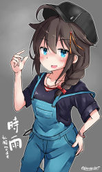 Rule 34 | absurdres, ahoge, alternate costume, black hat, braid, commentary request, dakappa, hair flaps, hair ornament, hair over shoulder, hat, highres, kantai collection, one-hour drawing challenge, overalls, shigure (kancolle), shigure kai ni (kancolle), shirt, simple background, single braid, solo, twitter username, wristband