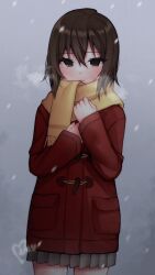 Rule 34 | 1girl, absurdres, artist name, boku dake ga inai machi, breath, brown eyes, brown hair, closed mouth, coat, commentary, cowboy shot, duffel coat, expressionless, eyelashes, female focus, grey background, grey skirt, hair between eyes, hands on own chest, highres, hinazuki kayo, light frown, long sleeves, looking at viewer, loose hair strand, mika (lovdere), outdoors, pleated skirt, red coat, scarf, short hair, signature, skirt, snowflakes, snowing, solo, standing, w arms, winter clothes, winter coat, yellow scarf