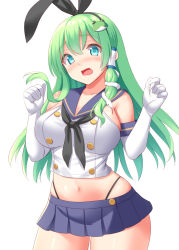 Rule 34 | 1girl, aqua eyes, black hairband, blue skirt, breasts, commentary request, cosplay, elbow gloves, frog hair ornament, gloves, green hair, hair ornament, hairband, highres, kantai collection, kochiya sanae, large breasts, long hair, looking at viewer, navel, open mouth, pleated skirt, shimakaze (kancolle), shimakaze (kancolle) (cosplay), simple background, skirt, snake hair ornament, solo, thighhighs, thighs, tokyo yamane, touhou, wavy mouth, white background, white gloves