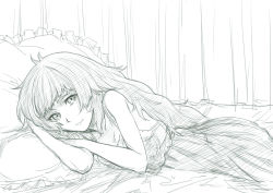 Rule 34 | 1girl, ahoge, bed, camisole, head on hand, highres, hiyajou maho, lingerie, long hair, looking at viewer, lying, menomorute, messy hair, monochrome, pillow, sketch, smile, solo, steins;gate, steins;gate 0, tagme, underwear, very long hair