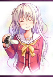Rule 34 | 10s, 1girl, bad id, bad pixiv id, camcorder, charlotte (anime), crying, closed eyes, letterboxed, long hair, school uniform, sekiyu., serafuku, silver hair, smile, solo, tears, tomori nao, twintails, two side up, video camera