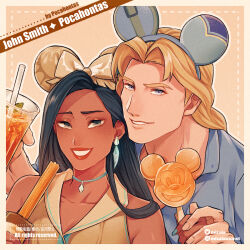 Rule 34 | 1boy, 1girl, animification, black hair, blonde hair, blue nails, blue shirt, bow, brown bow, character name, choker, churro, copyright name, cup, dark-skinned female, dark skin, disney, disposable cup, drinking straw, earrings, feather earrings, feathers, food, hair bow, hetero, holding, holding cup, holding food, holding hands, holding popsicle, instagram username, jewelry, lipstick, long hair, makeup, mickey mouse, mickey mouse ears, mizala, pocahontas, pocahontas (disney), popsicle, shirt, simple background, twitter username, upper body, watermark
