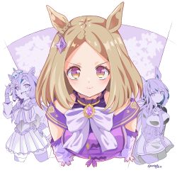 Rule 34 | 3girls, admire vega (umamusume), animal ears, arms behind back, bow, bowtie, brooch, brown hair, closed mouth, clothing cutout, collar, commentary, cropped jacket, cropped legs, cropped torso, crown, dress, ear ornament, fingerless gloves, frilled collar, frills, gloves, hand in own hair, hand on own hip, high collar, highres, horse ears, horse girl, jewelry, light frown, long hair, looking at viewer, medium hair, miniskirt, multiple girls, namatyoco, narita top road (umamusume), necktie, pantyhose, partially colored, pleated skirt, purple dress, purple eyes, short dress, short hair, shoulder cutout, skirt, smile, standing, t.m. opera o (umamusume), thighhighs, twitter username, umamusume, umamusume: road to the top, white bow, white bowtie
