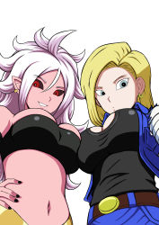 Rule 34 | 2girls, absurdres, android 18, android 21, bareisyotaro, belt, black sclera, blue eyes, breast press, breasts, cleavage, colored sclera, dragon ball, dragon ball fighterz, dragonball z, earrings, hand on own hip, highres, jewelry, looking at viewer, majin android 21, multiple girls, navel, pink hair, pointy ears, red eyes, simple background, smile, stomach, symmetrical docking
