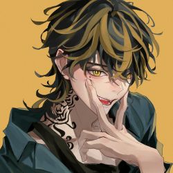 Rule 34 | 1boy, absurdres, black hair, fang, hand on own face, hanemiya kazutora, highres, looking at viewer, male focus, mole, mole under eye, multicolored hair, open mouth, popo 6996, shirt, short hair, simple background, solo, solo focus, tattoo, tokyo revengers, yellow eyes
